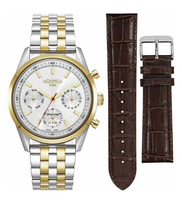 Roamer Sportivo Set Roloi Batarias me Xruso / Asimi Metalliko Brasele kai Kafe Dermatino Louraki 856982-47-15-70