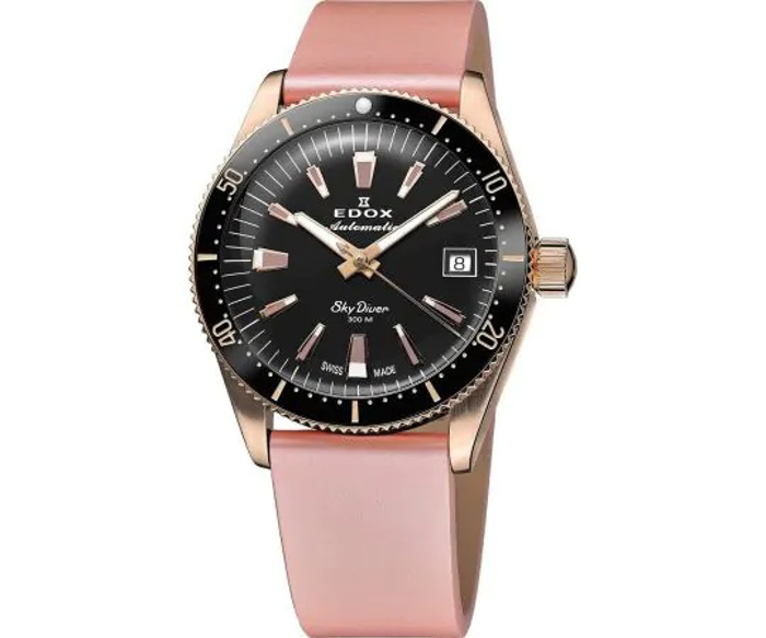 Edox Skydiver Roloi Aftomato me Bez kai Roz Dermatino Louraki 80131-37RNC-NI