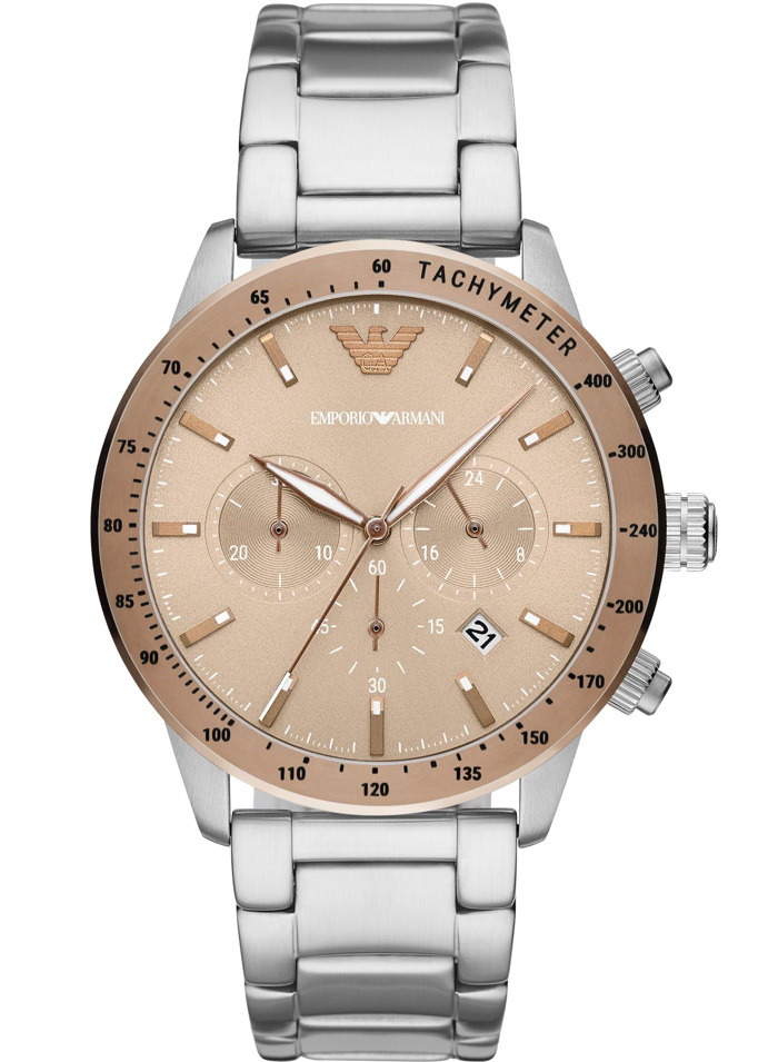 Emporio Armani Mario Roloi Xronogafos Batarias me Asimi Metalliko Brasele AR11352