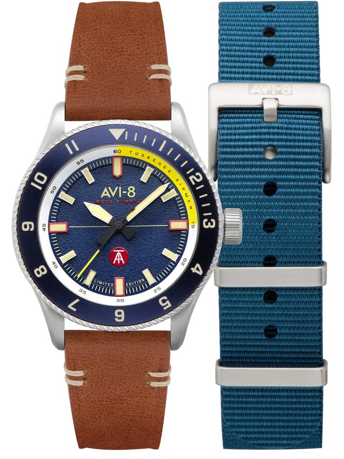 AVI-8 Tuskegee Airmen Limited Edition Roloi Batarias me Kafe Dermatino Louraki kai Ble ufasmatino Louraki AV-4103-02