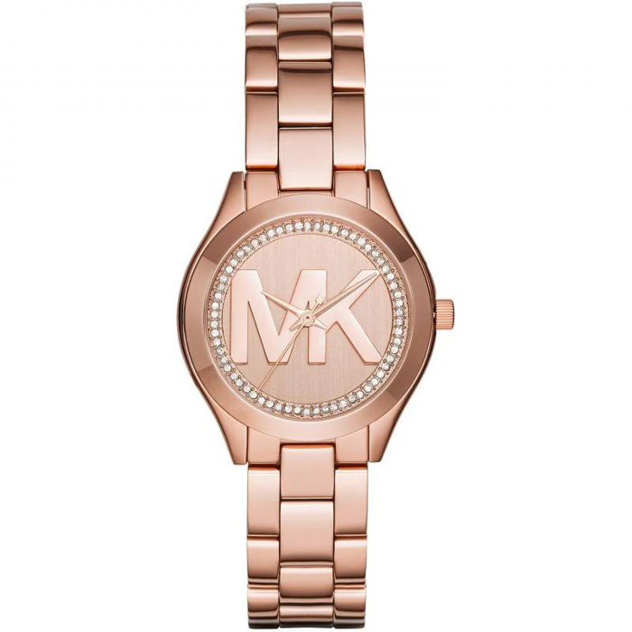 Michael Kors Mini Slim Runway Roloi Batarias me Roz Xruso Metalliko Brasele MK3549