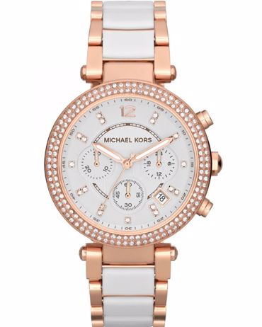 Michael Kors Parker Crystals Ρολόι Χρονογράφος Μπαταρίας με Ροζ Χρυσό / Λευκό Κεραμικό Μπρασελέ MK5774