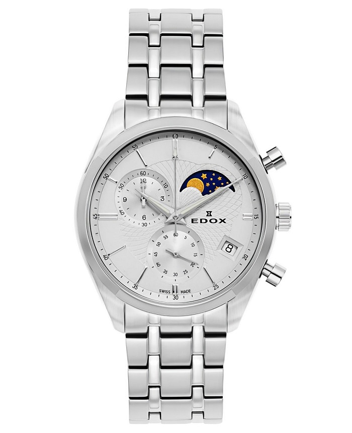 Edox Les Vauberts Moonphase Roloi Xronogafos Batarias me Asimi Metalliko Brasele 01655-3M-AIN