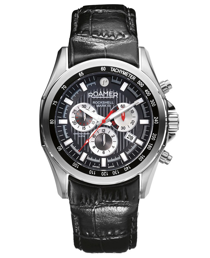 Roamer Rockshell Mark III Roloi Xronogafos Batarias me Mavro Dermatino Louraki 220837-41-55-02