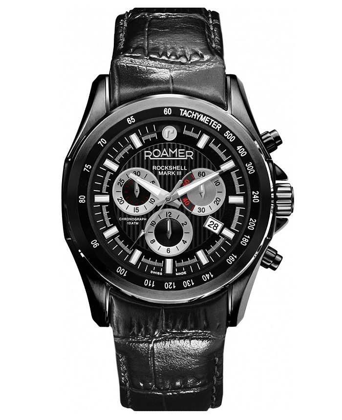 Roamer Rockshell Mark III Roloi Xronogafos Batarias me Mavro Dermatino Louraki 220837-42-55-02