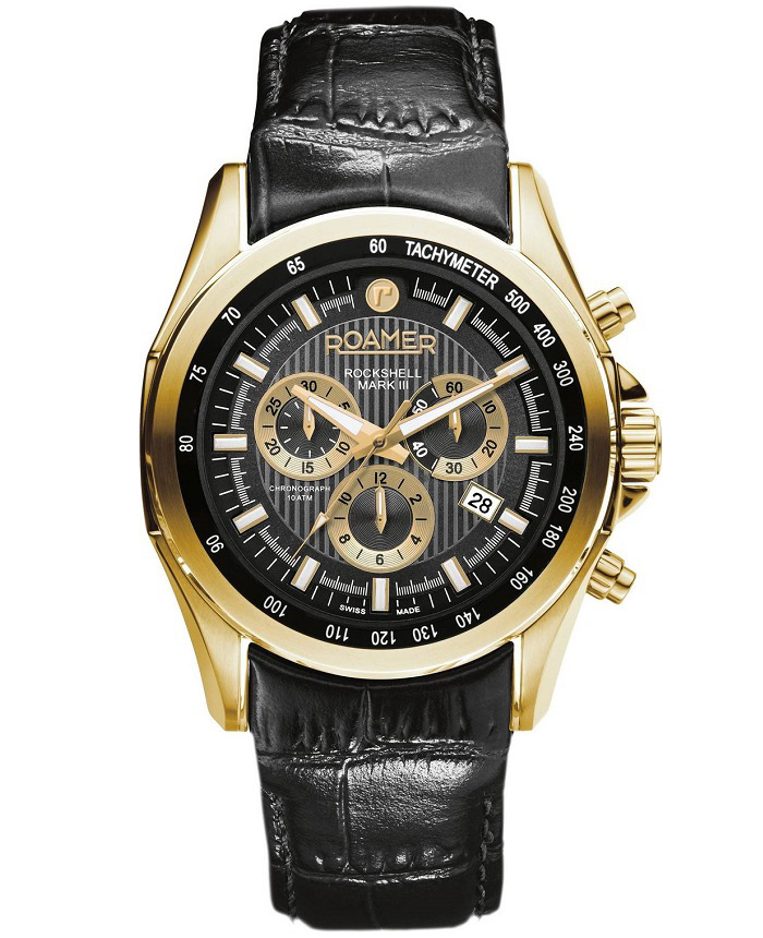Roamer Rockshell Mark III Roloi Xronogafos Batarias me Mavro Dermatino Louraki 220837-48-55-02