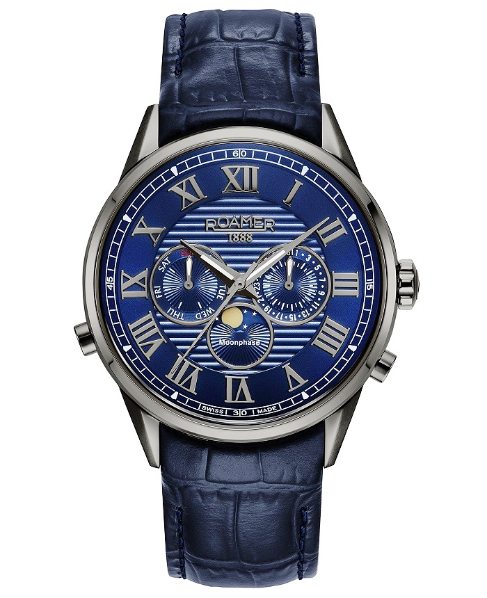 Roamer Superior Moonphase II Roloi Batarias me Ble Dermatino Louraki 513821-44-45-05