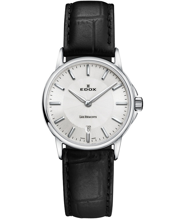 Edox Les Bemonts Roloi Batarias me Mavro Dermatino Louraki 57001-3-AIN