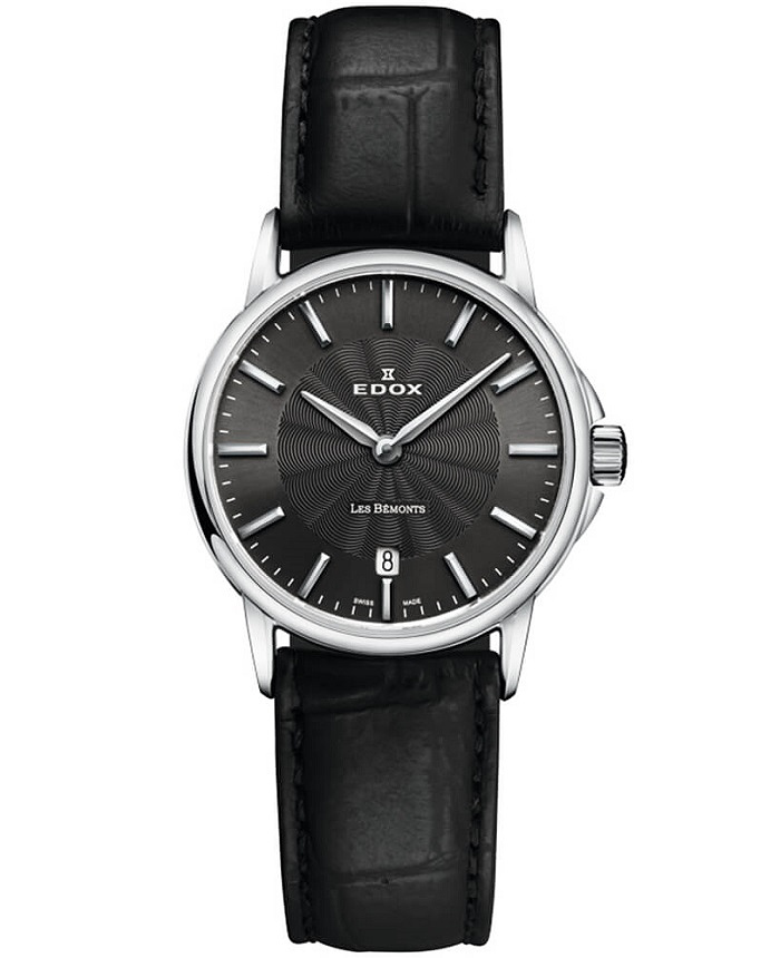 Edox Les Bemonts Roloi Batarias me Mavro Dermatino Louraki 57001-3-GIN
