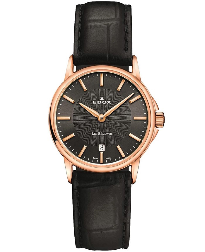 Edox Les Bemonts Roloi Batarias me Mavro Dermatino Louraki 57001-37R-GIR