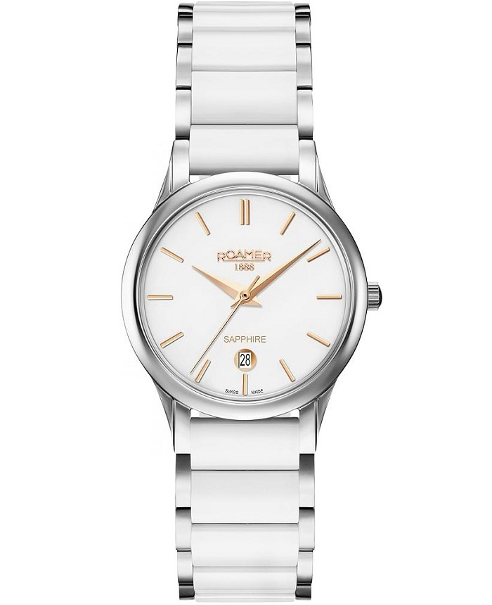 Roamer C-Line Roloi Batarias me Lefko Keramiko Brasele 657844-40-25-60