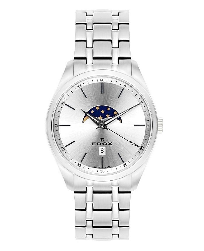 Edox Les Vauberts Moonphase Roloi Batarias me Asimi Metalliko Brasele 79018-3M-AIN