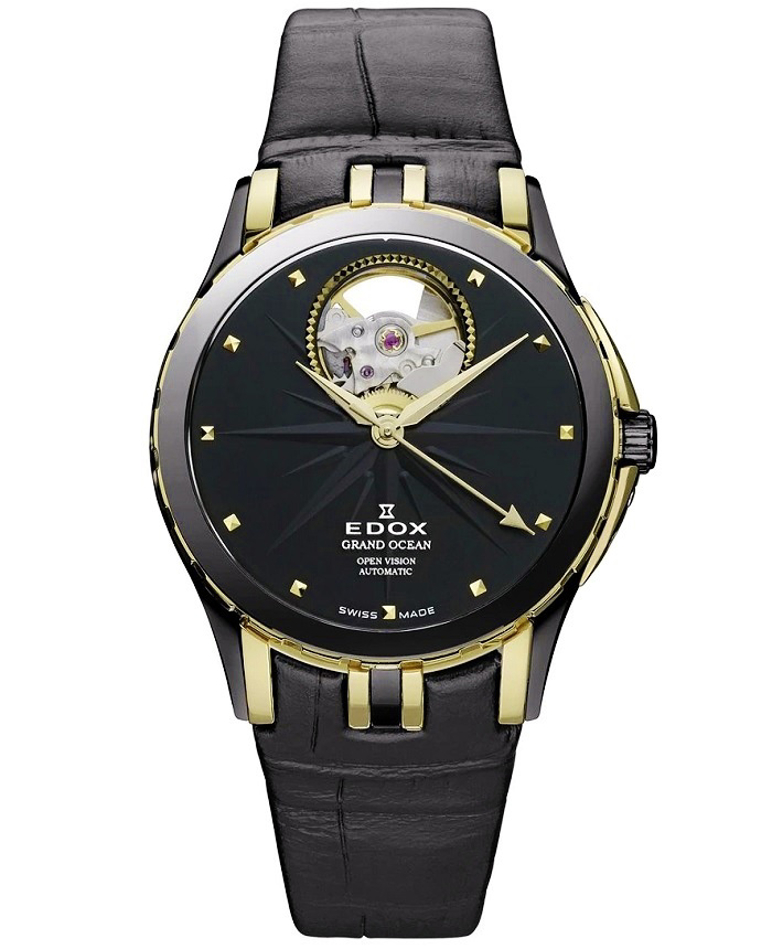 Edox Grand Ocean Open Heart Roloi Aftomato me Mavro Dermatino Louraki 85012-357JN-NID