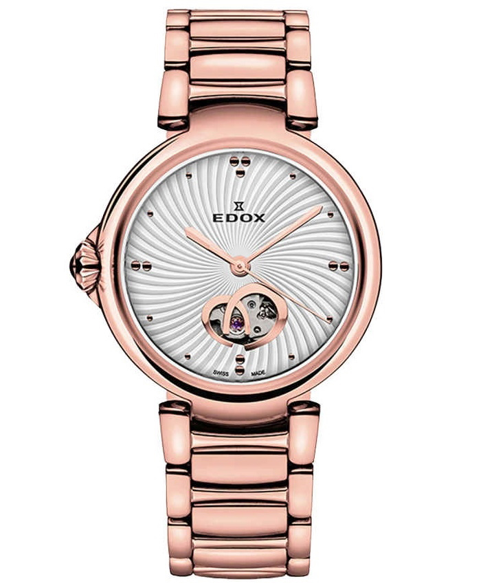 Edox LaPassion Open Heart Roloi Aftomato me Roz Xruso Metalliko Brasele 85025-37RM-AIR