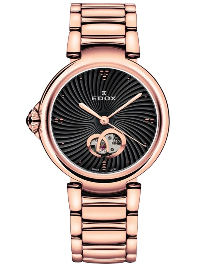 Edox LaPassion Open Heart Roloi Aftomato me Roz Xruso Metalliko Brasele 85025-37RM-NIR