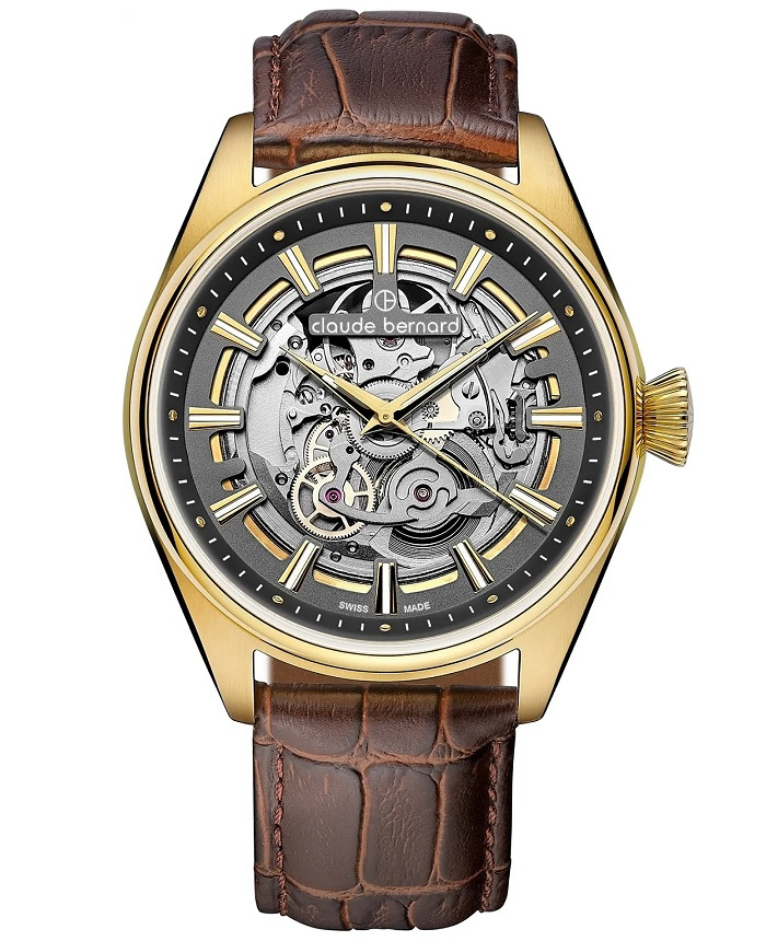Claude Bernard Skeleton Roloi Aftomato me Kafe Dermatino Louraki 85307-37JC-GID