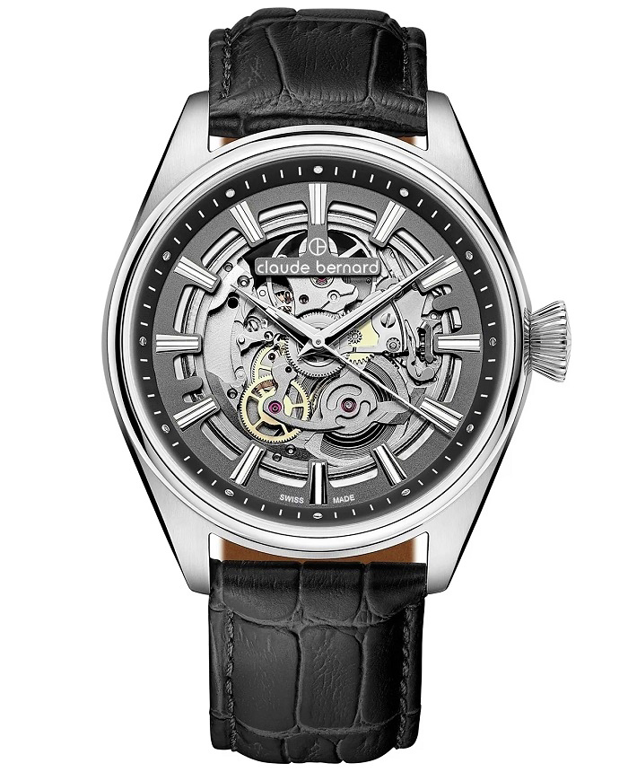 Claude Bernard Skeleton Roloi Aftomato me Mavro Dermatino Louraki 85307-3C-GIN