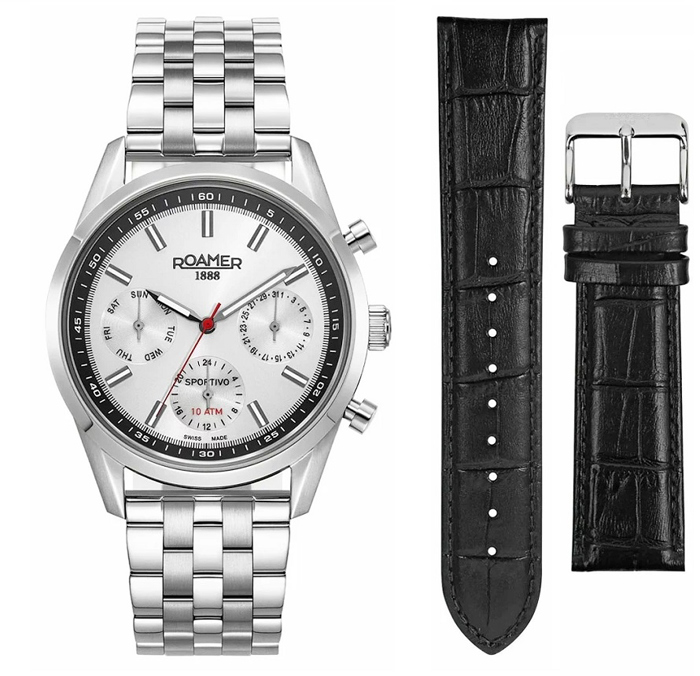 Roamer Sportivo Set Roloi Batarias me Asimi Metalliko Brasele kai Mavro Dermatino Louraki 856982-41-15-70