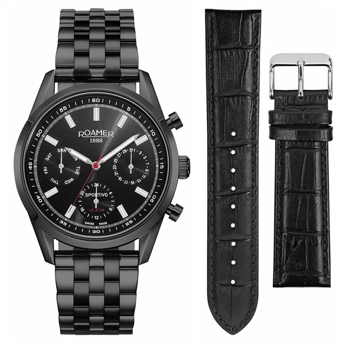 Roamer Sportivo Set Roloi Batarias me Mavro Metalliko Brasele kai Mavro Dermatino Louraki 856982-48-55-70