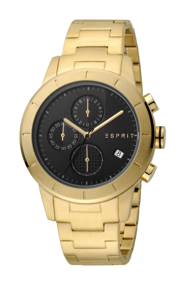 Esprit Big Roloi Xronogafos Batarias me Xruso Metalliko Brasele ES1G108M0095