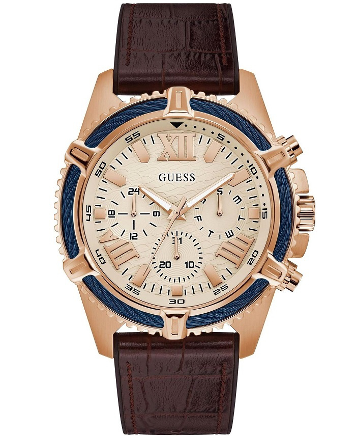 Guess Apex Roloi Batarias me Kafe Dermatino Louraki GW0053G4