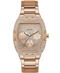 Guess Raven Crystals Roloi Batarias me Roz Xruso Metalliko Brasele GW0104L3