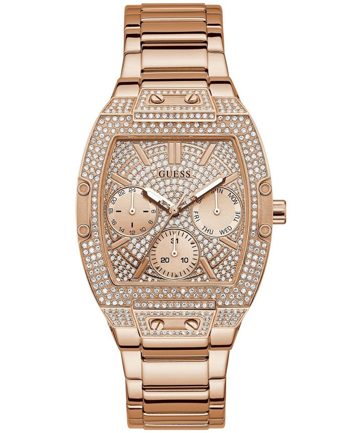 Guess Raven Crystals Roloi Batarias me Roz Xruso Metalliko Brasele GW0104L3