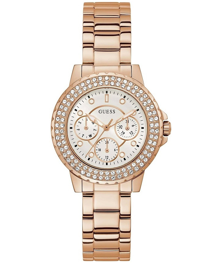 Guess Crown Jewel Roloi Batarias me Roz Xruso Metalliko Brasele GW0410L3