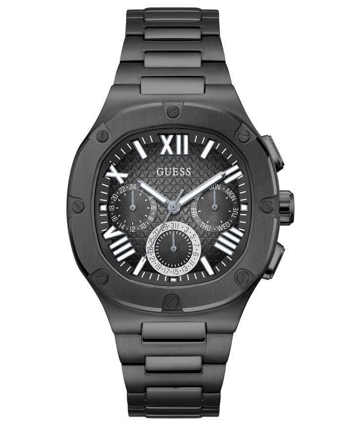 Guess Headline Roloi Batarias me Mavro Metalliko Brasele GW0572G3