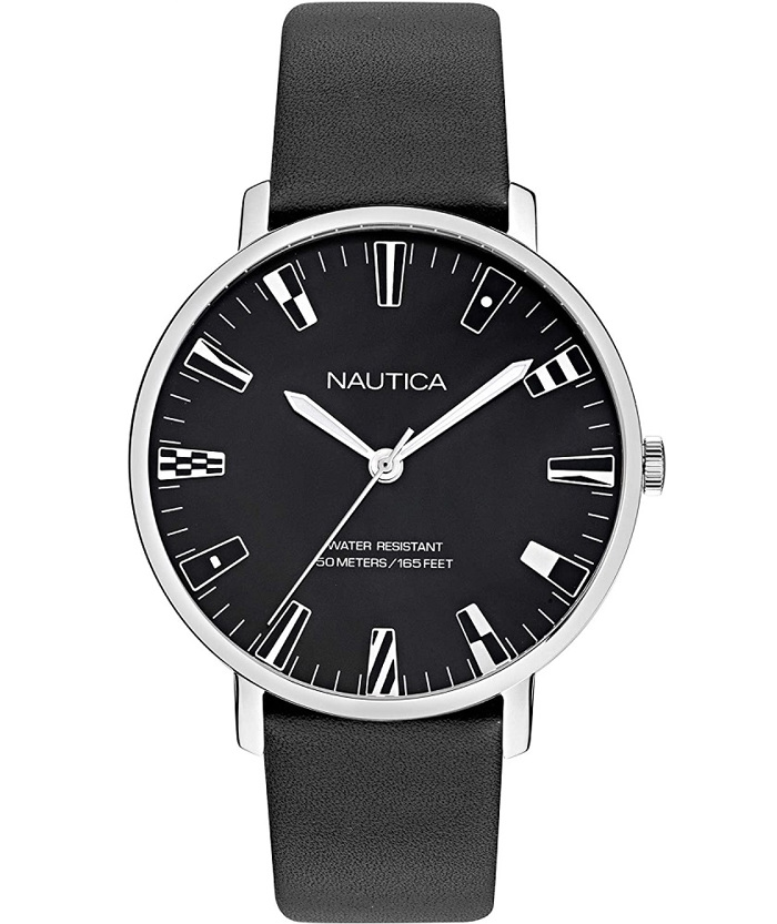 Nautica Roloi Batarias me Mavro Dermatino Louraki NAPCRF910