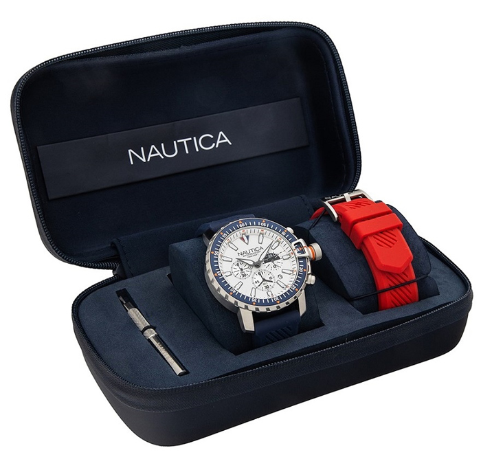 Nautica Icebreaker Set Roloi Xronogafos Batarias me Ble kai Kokkino Kaoutsouk Louraki NAPICLE01