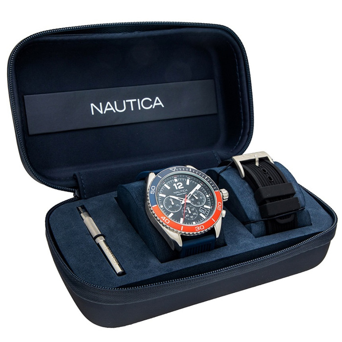 Nautica Key Biscane Set Roloi Xronogafos Batarias me Ble kai Mavro Kaoutsouk Louraki NAPKBF020