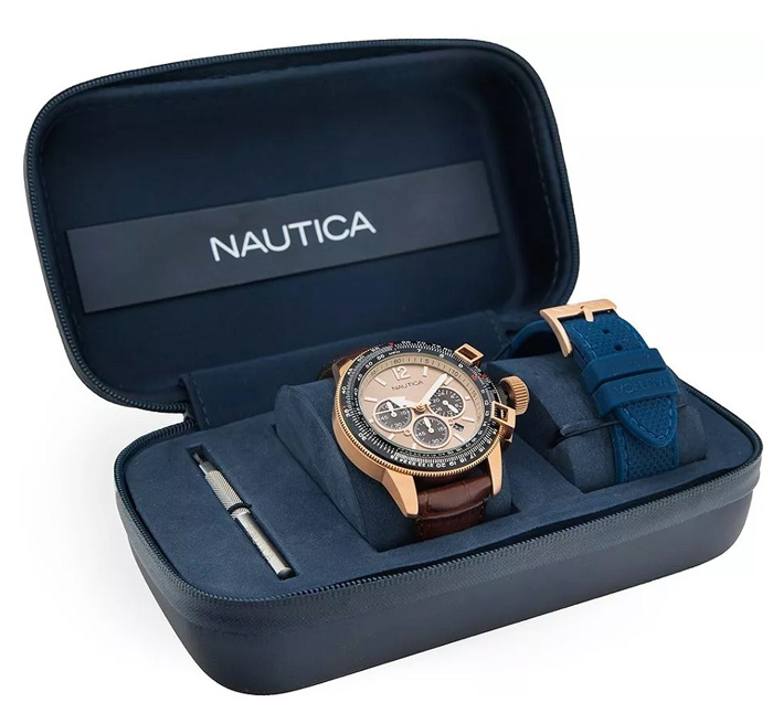 Nautica BFC Set Roloi Xronogafos Batarias me Kafe Dermatino Louraki kai Ble Kaoutsouk Louraki NAPLECR17