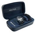 Nautica BFC Set Roloi Xronogafos Batarias me Mavro Dermatino Louraki kai Mavro Kaoutsouk Louraki NAPLECR18