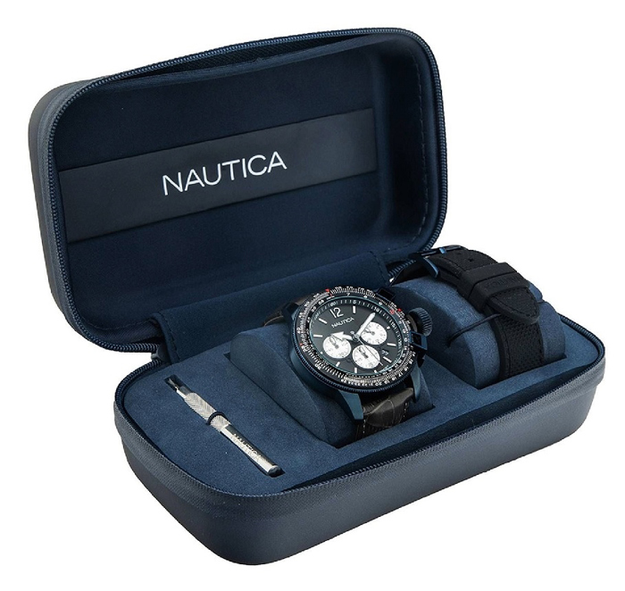 Nautica BFC Set Roloi Xronogafos Batarias me Mavro Dermatino Louraki kai Mavro Kaoutsouk Louraki NAPLECR18