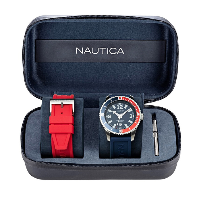Nautica Pacific Beach Set Roloi Batarias me Ble kai Kokkino Kaoutsouk Louraki NAPPBS164