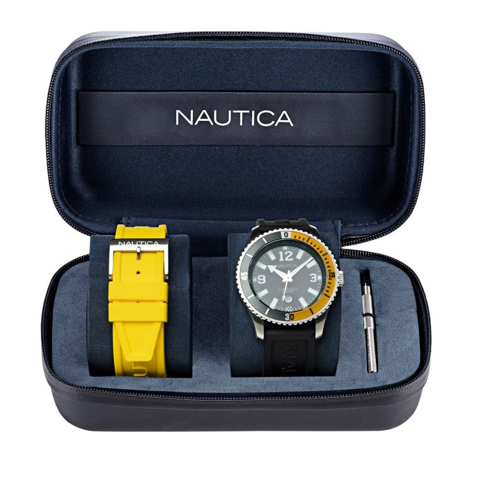 Nautica Pacific Beach Set Roloi Batarias me Mavro kai Kitrino Kaoutsouk Louraki NAPPBS165