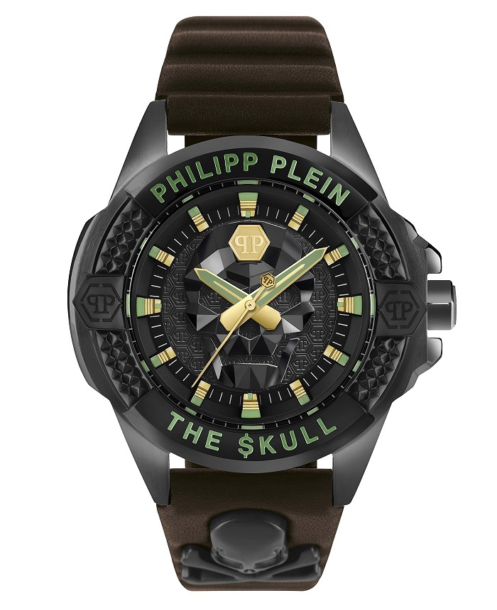 Philipp Plein The Skull Roloi Batarias me Mavro Dermatino Louraki PWAAA0421