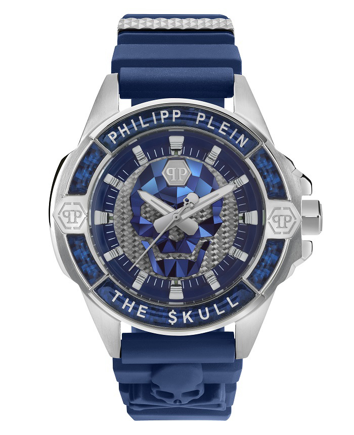 Philipp Plein The Skull Carbon Fiber Roloi Batarias me Ble Kaoutsouk Louraki PWAAA1722