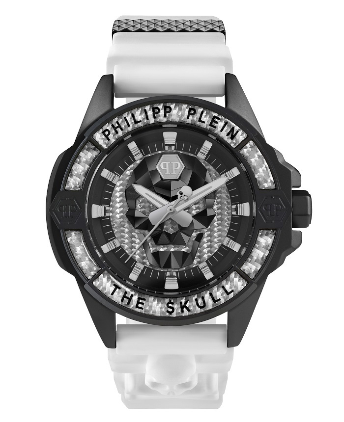 Philipp Plein The Skull Carbon Fiber Roloi Batarias me Lefko Kaoutsouk Louraki PWAAA1822