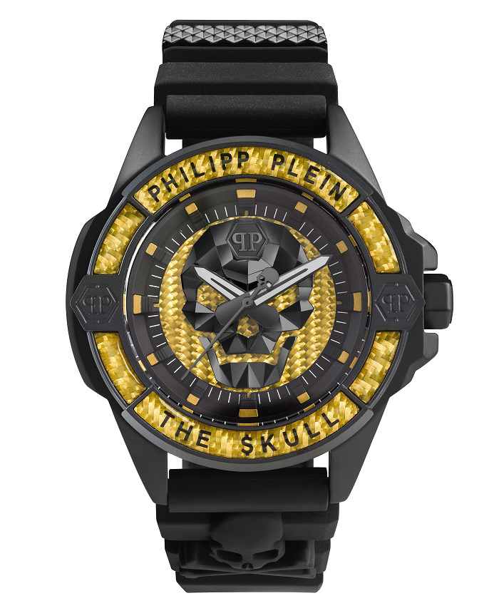 Philipp Plein The Skull Carbon Fiber Roloi Batarias me Mavro Kaoutsouk Louraki PWAAA1922