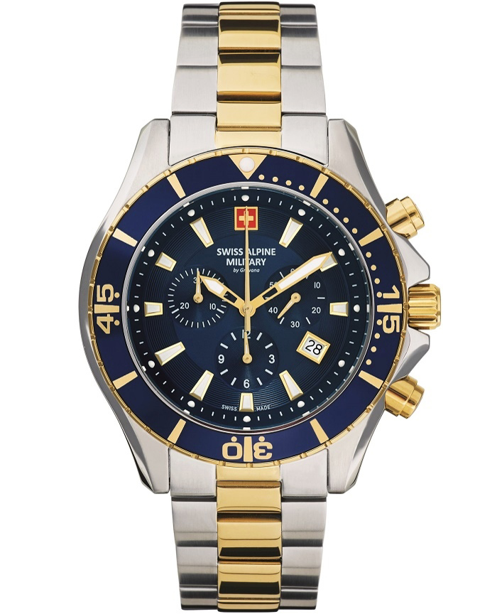 Swiss Alpine Military by Grovana Nautilus Roloi Xronogafos Batarias me Xruso / Asimi Metalliko Brasele SAM7040.9145