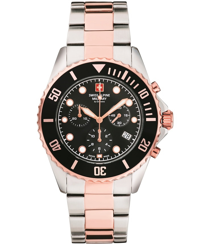 Swiss Alpine Military by Grovana Roloi Xronogafos Batarias me Roz Xruso / Asimi Metalliko Brasele SAM7053.9157