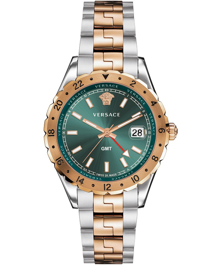 Versace Hellenyium GMT Roloi Batarias me Roz Xruso / Asimi Metalliko Brasele V11050016