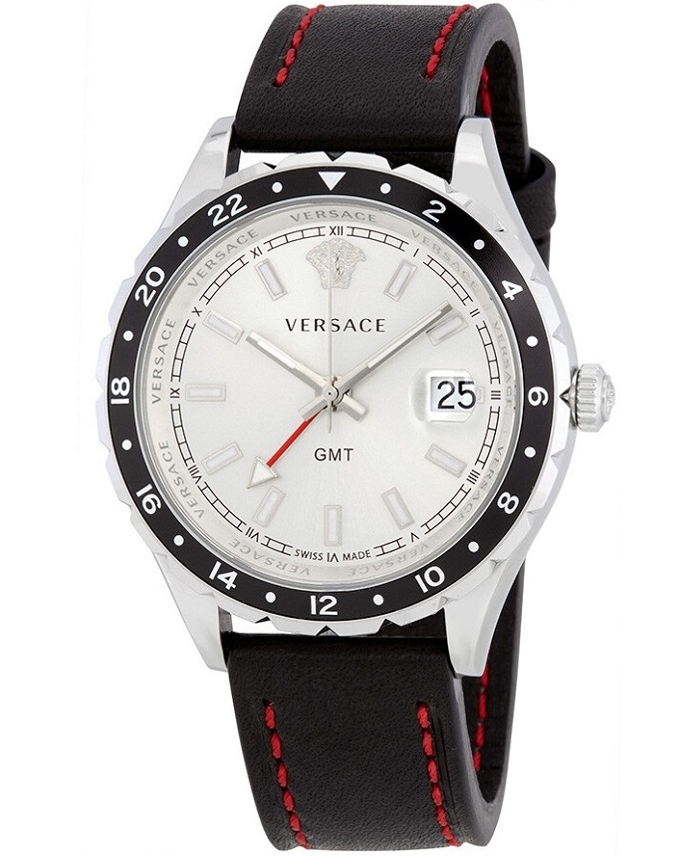 Versace Hellenyium Roloi Batarias me Mavro Dermatino Louraki GMT V11070017