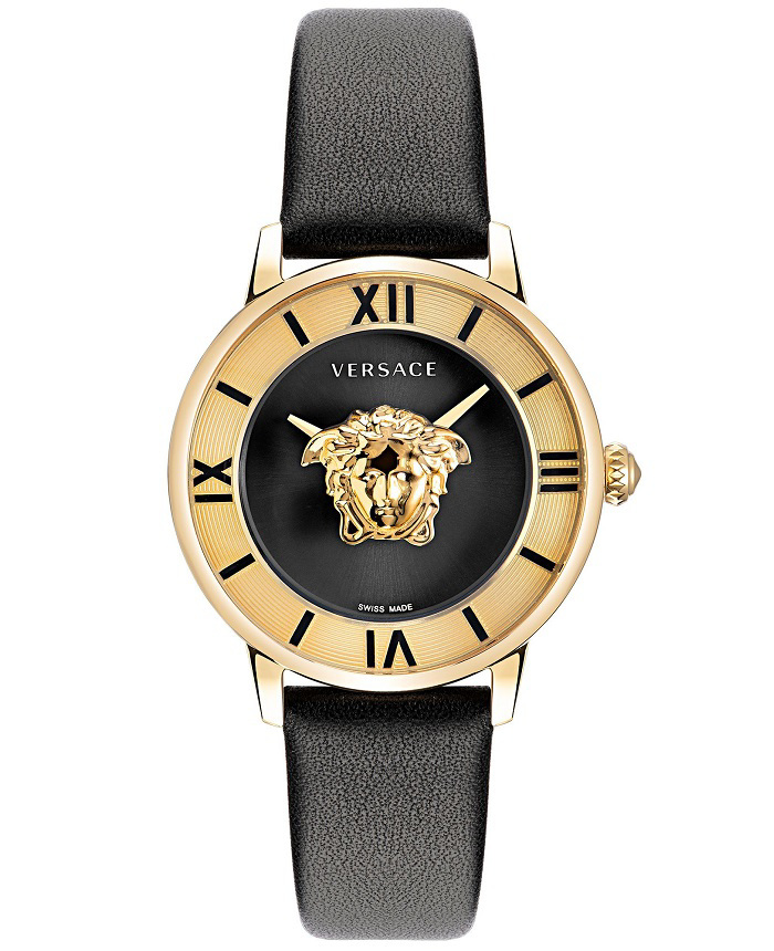 Versace La Medusa Roloi Batarias me Mavro Dermatino Louraki VE2R00122