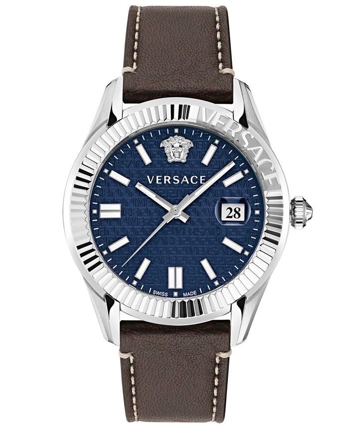 Versace Greca Time Roloi Batarias me Kafe Dermatino Louraki VE3K00122