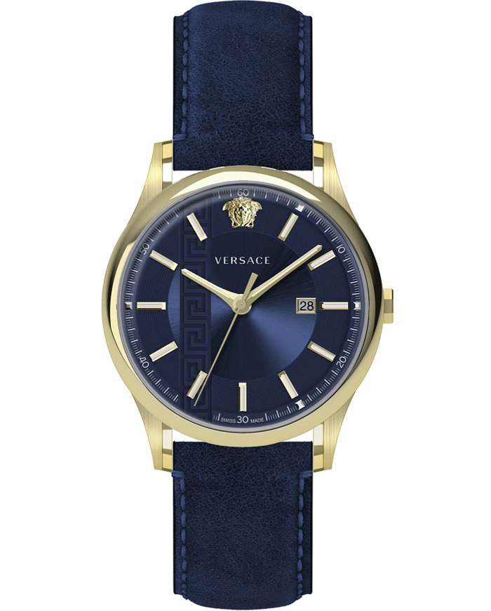 Versace Aiakos Roloi Batarias me Ble Dermatino Louraki VE4A00220