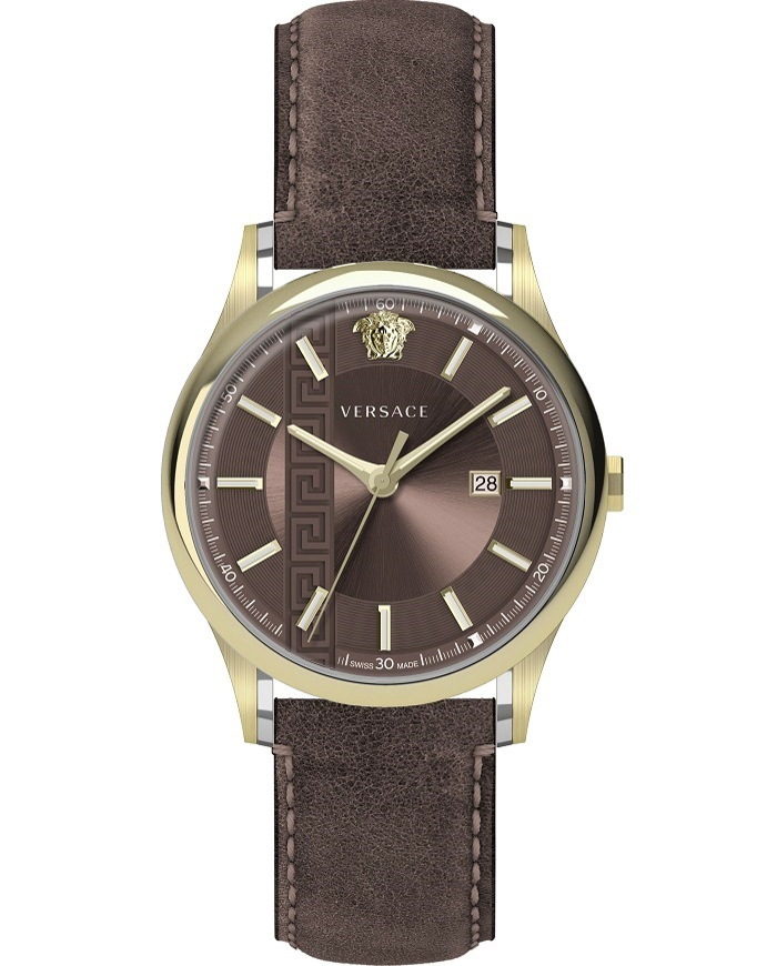 Versace Aiakos Roloi Batarias me Kafe Dermatino Louraki VE4A00320