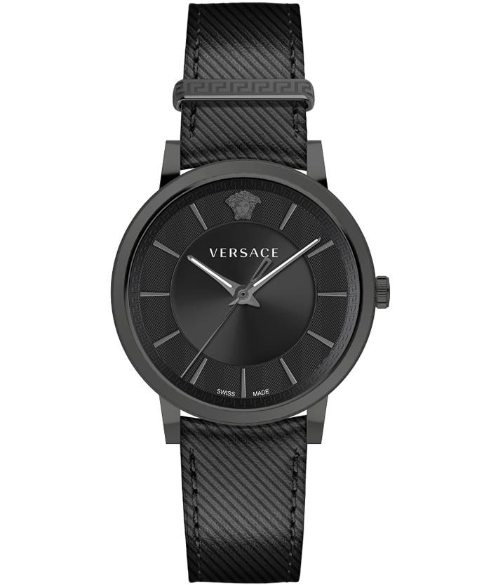 Versace V-Circle Roloi Batarias me Mavro Dermatino Louraki VE5A00220